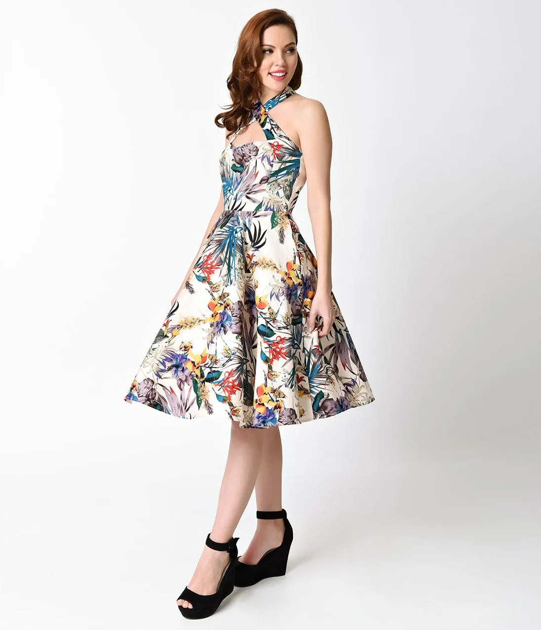 Unique Vintage 1950s Style Tropical Flourish Criss Cross Halter Flare Rita Dress sold by Unique Vintage product image thumbnail 3