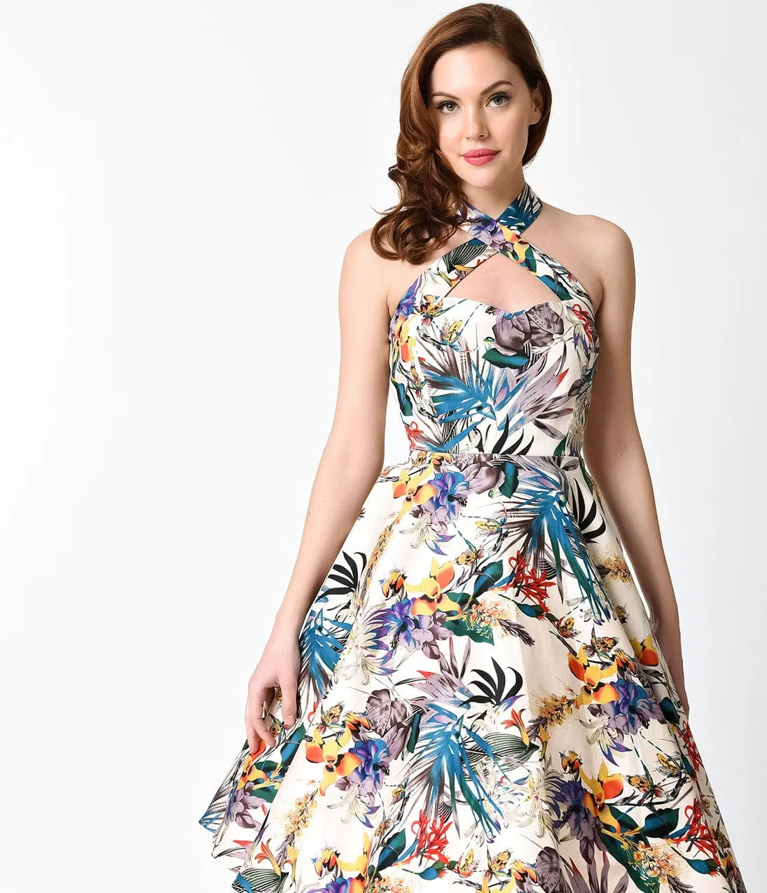 Unique Vintage 1950s Style Tropical Flourish Criss Cross Halter Flare Rita Dress sold by Unique Vintage product image thumbnail 4