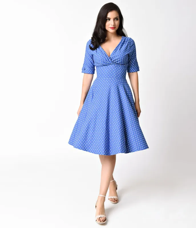 Unique Vintage 1950s Blue & White Dot Delores Swing Dress with Sleeves sold by Unique Vintage