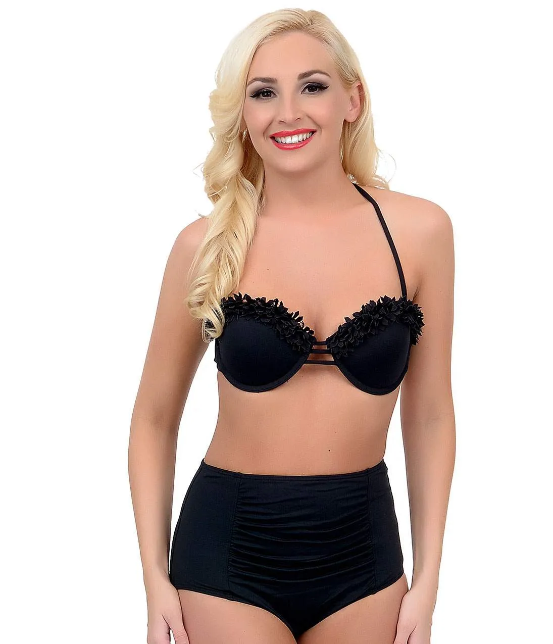 Black Betty Retro Sweetheart Ruffle Balconette Swim Bra sold by Unique Vintage