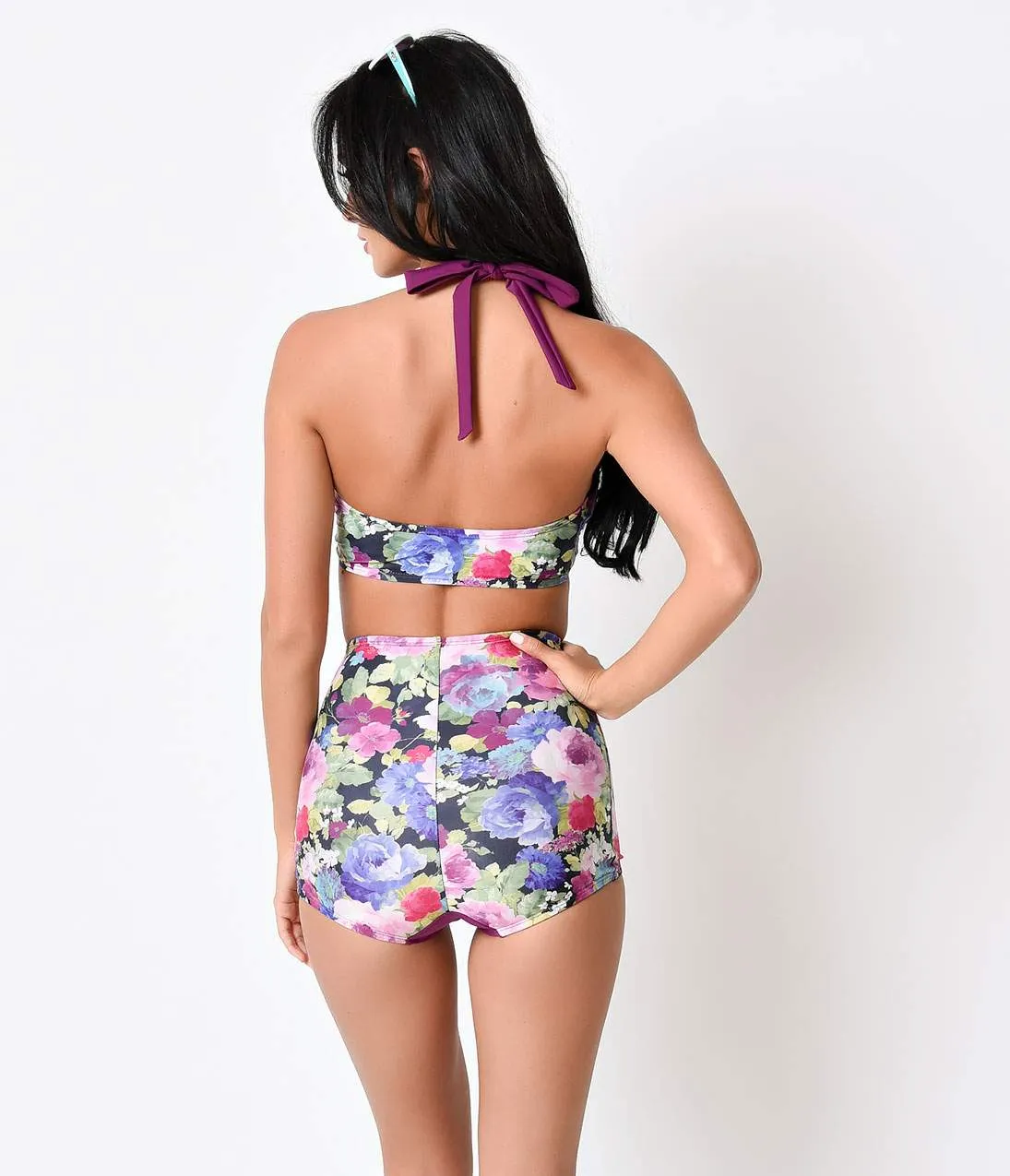 Sugar Doll Vintage Style Purple Floral Viola Halter Swim Top sold by Unique Vintage product image thumbnail 2