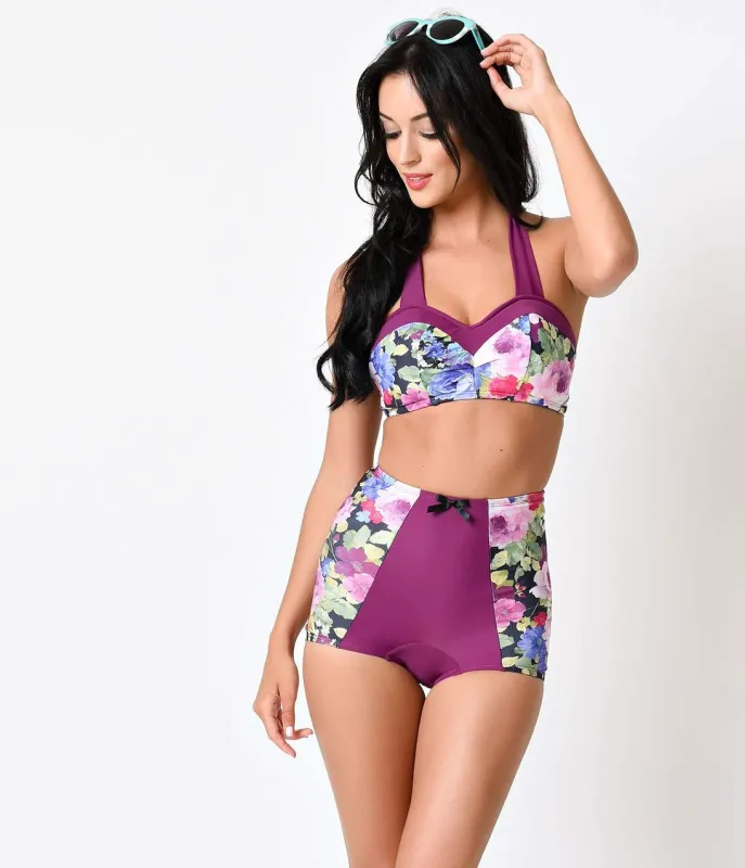 Sugar Doll Vintage Style Purple Floral Viola Halter Swim Top made by Unique Vintage