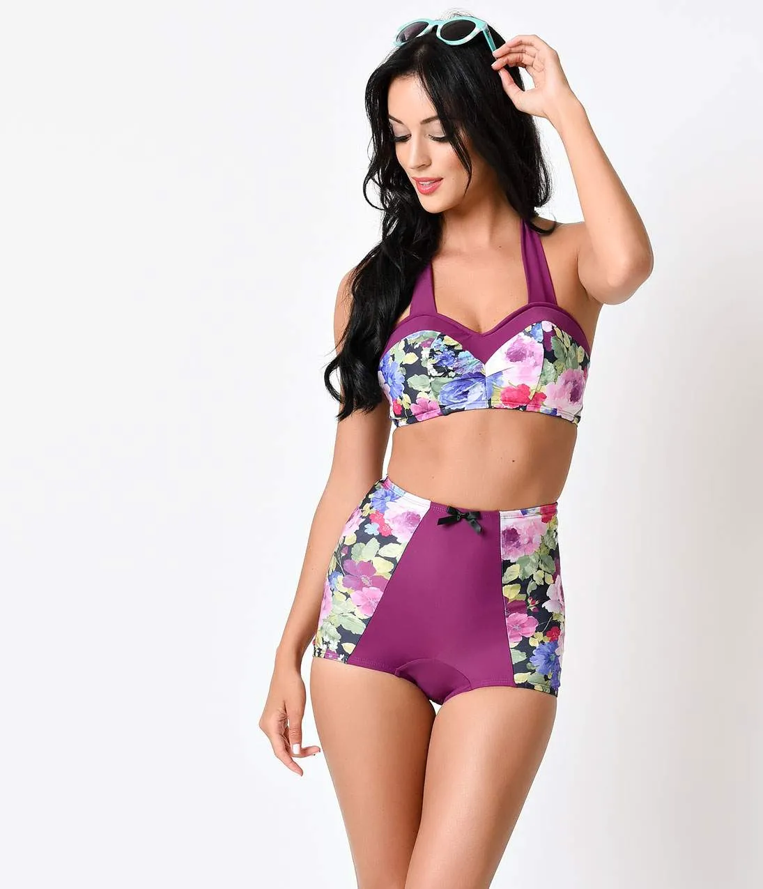 Sugar Doll Vintage Style Purple Floral Viola Halter Swim Top sold by Unique Vintage