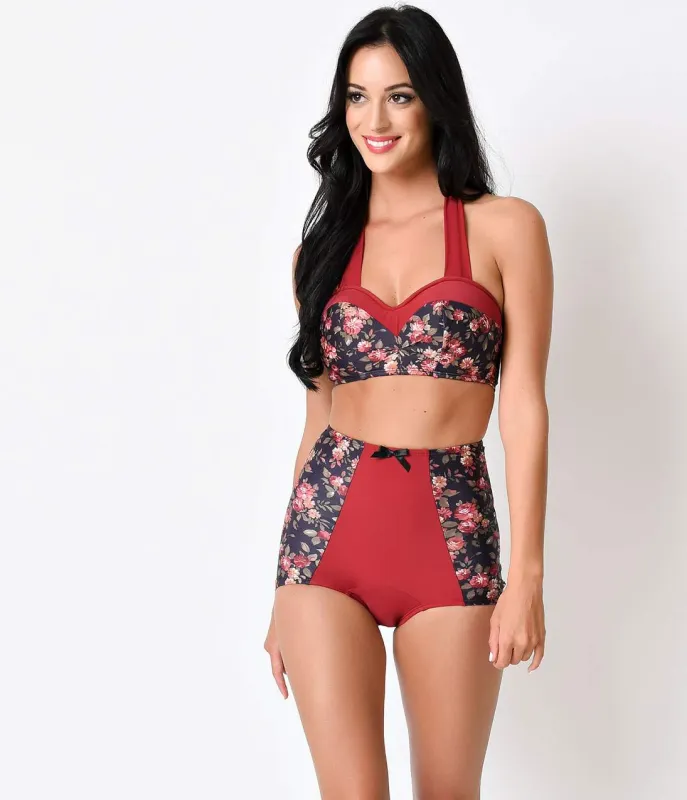 Sugar Doll Vintage Style Burgundy Floral Stella Halter Swim Top made by Unique Vintage