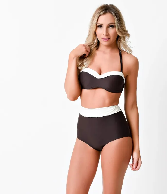 Vintage Style Brown & Cream Color Block High Waist Bandeau Bikini made by Unique Vintage