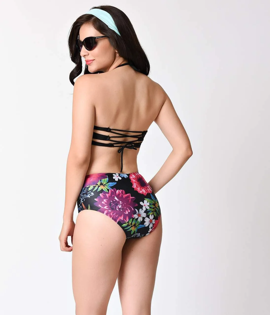 Black Floral Two Piece High Waist Swim Suit sold by Unique Vintage product image thumbnail 2
