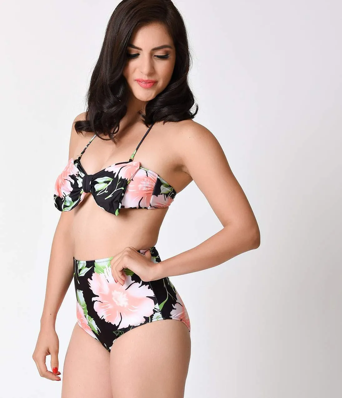 Black & Pink Floral Bow Top & High Waist Bottom Two Piece Set sold by Unique Vintage product image thumbnail 5