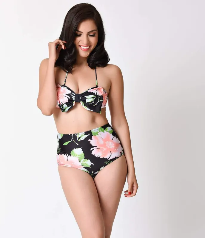 Black & Pink Floral Bow Top & High Waist Bottom Two Piece Set sold by Unique Vintage