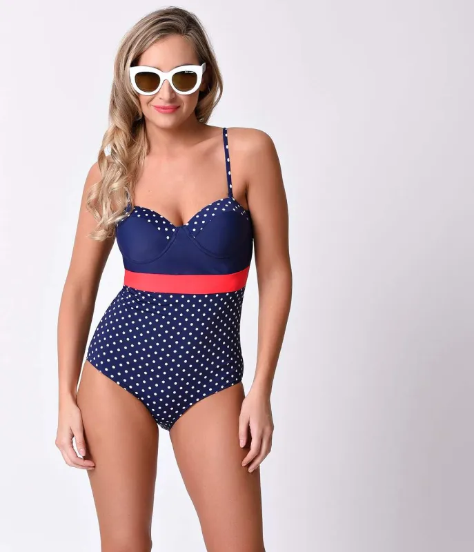 Vintage Pin-Up Navy & White Dotted Color Block Sweetheart Swimsuit sold by Unique Vintage