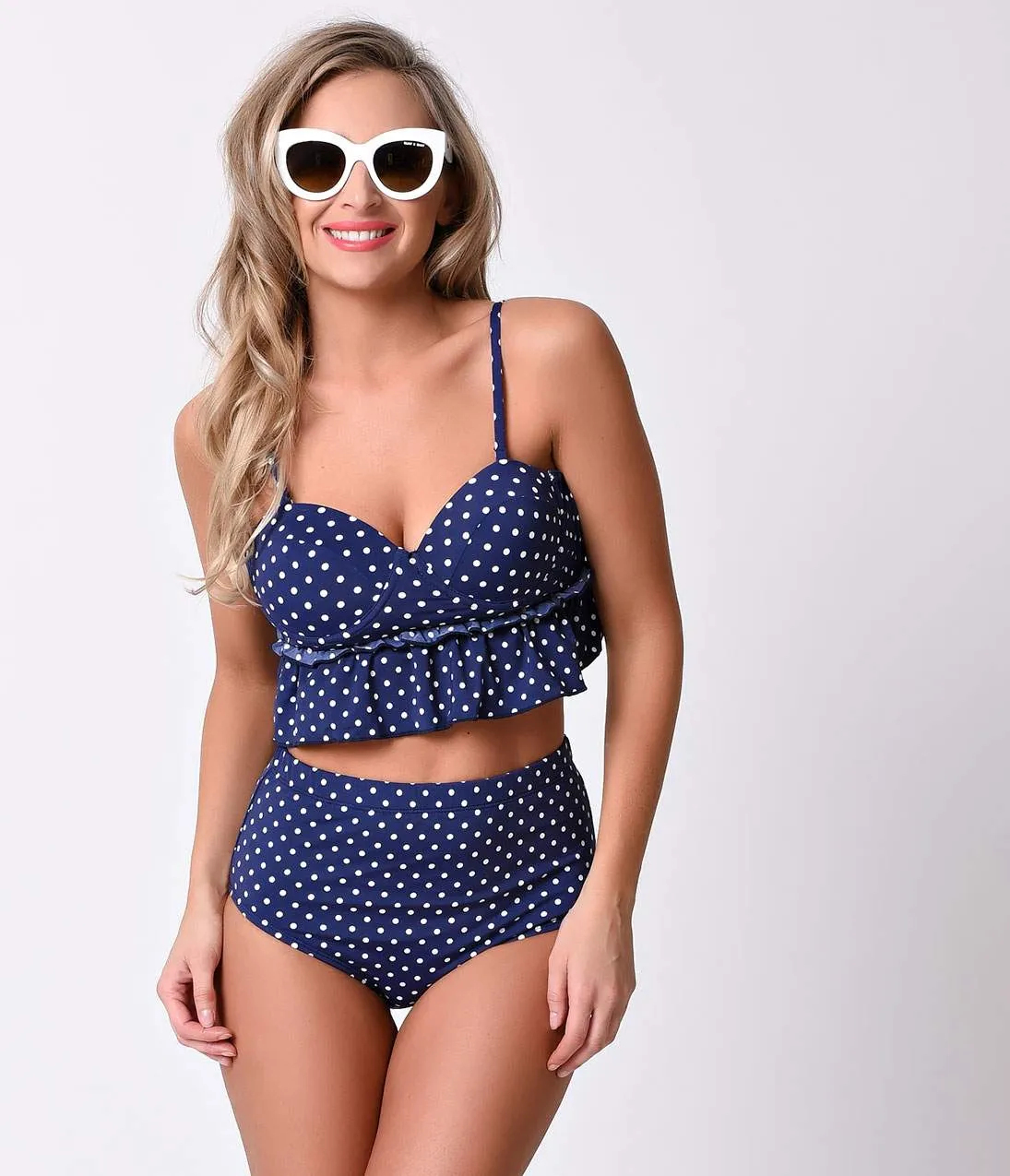 Vintage Style Pin-Up Navy & White Dot Peplum High Waist Tankini sold by Unique Vintage product image thumbnail 5