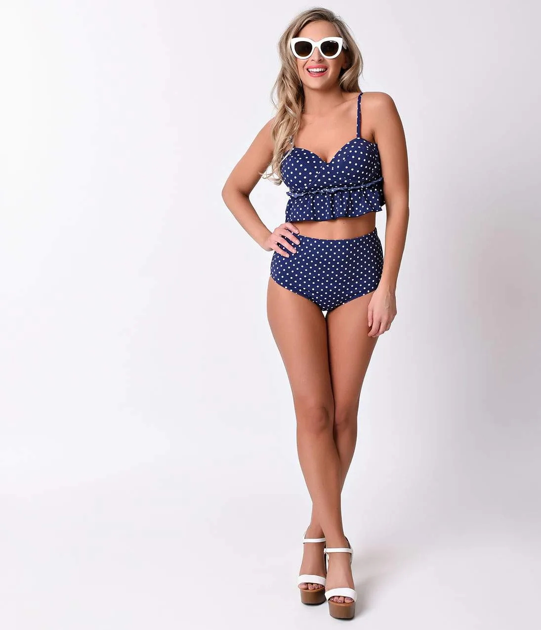 Vintage Style Pin-Up Navy & White Dot Peplum High Waist Tankini sold by Unique Vintage product image thumbnail 3