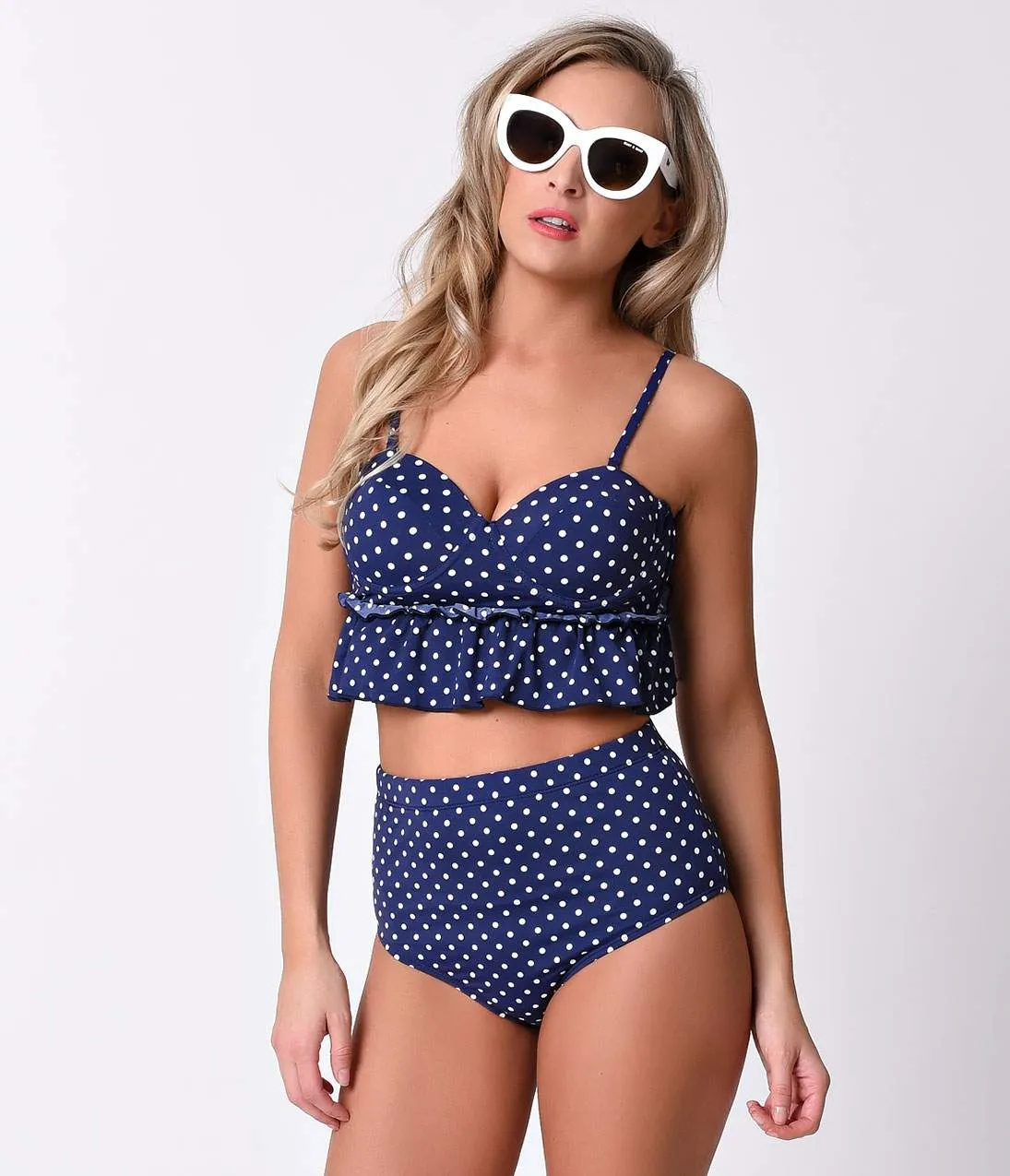 Vintage Style Pin-Up Navy & White Dot Peplum High Waist Tankini sold by Unique Vintage product image thumbnail 4