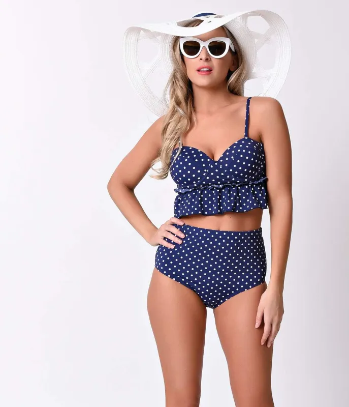 Vintage Style Pin-Up Navy & White Dot Peplum High Waist Tankini sold by Unique Vintage