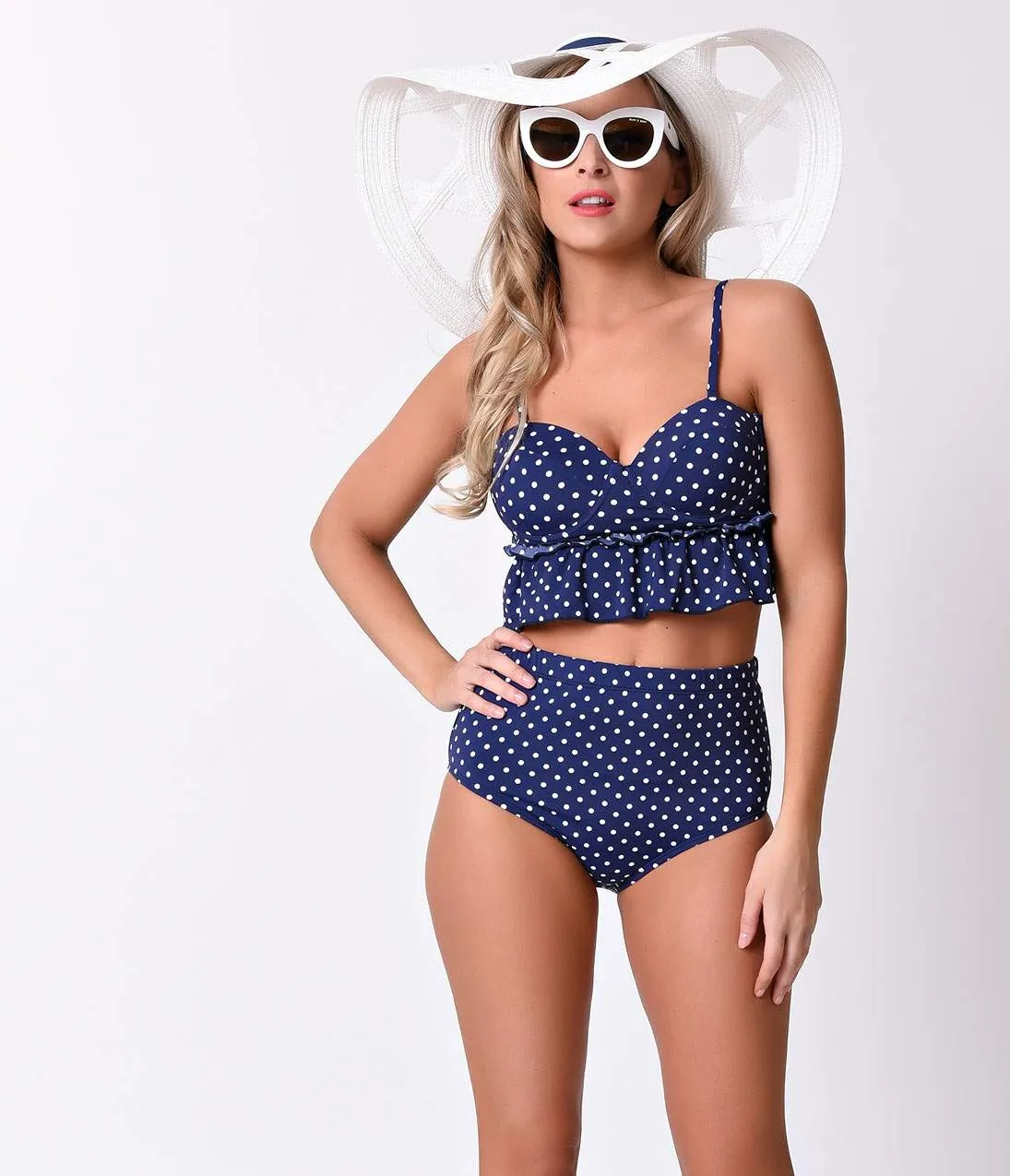 Vintage Style Pin-Up Navy & White Dot Peplum High Waist Tankini sold by Unique Vintage