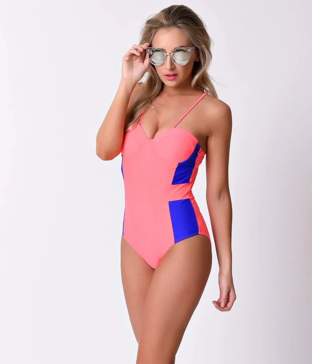 1980s Style Royal & Neon Coral Color Block Sweetheart Swimsuit sold by Unique Vintage