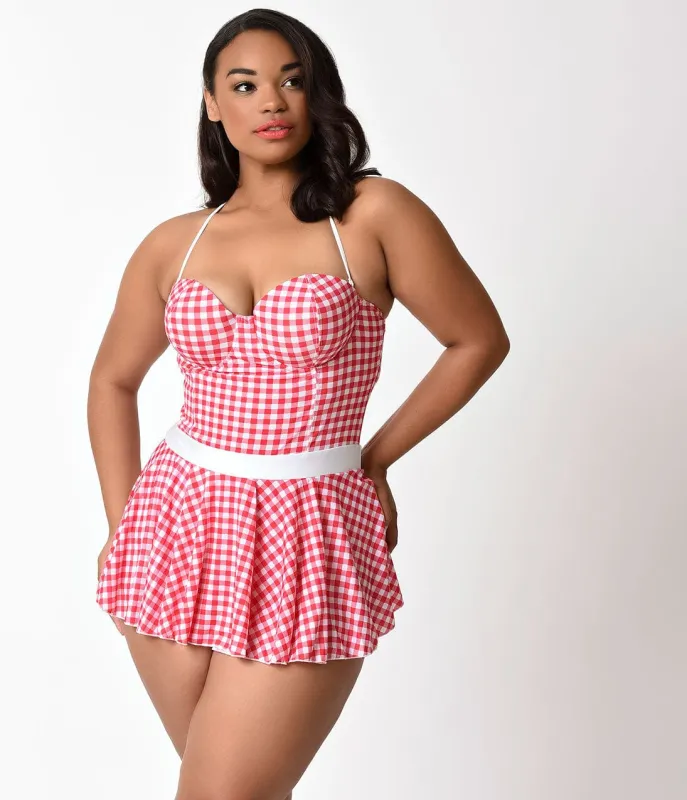 Bettie Page Plus Size 1950s Red & White Gingham Flared Bandeau Swimsuit sold by Unique Vintage