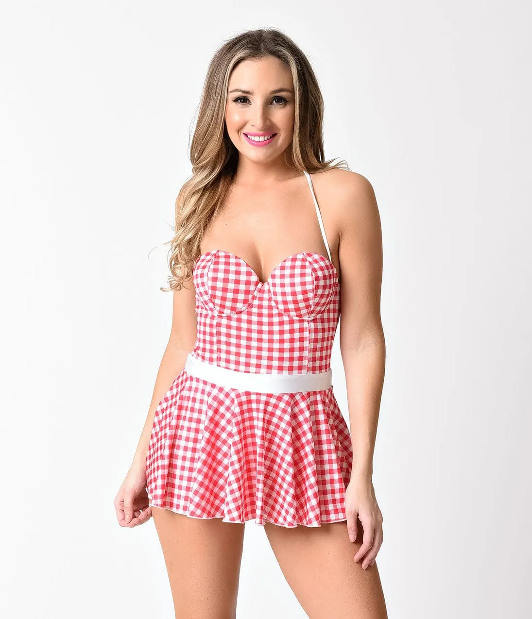 Vintage 1950s Pin-Up Red & White Gingham Flared Bandeau Swimsuit sold by Unique Vintage product image thumbnail 4