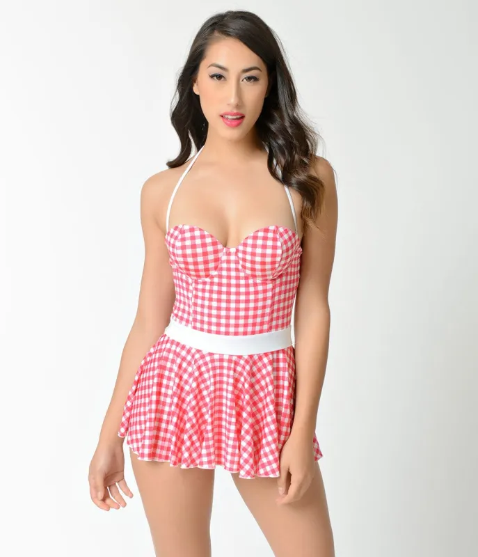 Bettie Page 1950s Pin-Up Red & White Gingham Flared Bandeau Swimsuit made by Bettie Page