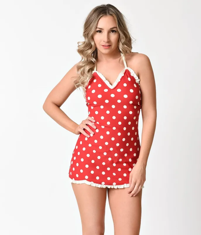 Bettie Page 1950s Style Red & Ivory Dotted Halter Swimdress sold by Unique Vintage