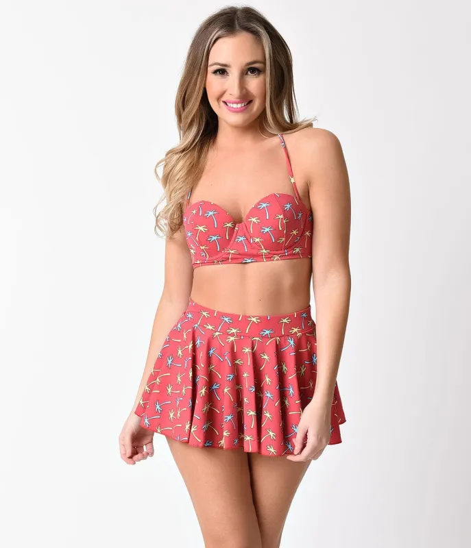 Bettie Page Vintage 1950s Style Pin-Up Red Tiki Palm Print Halter Swim Top sold by Unique Vintage