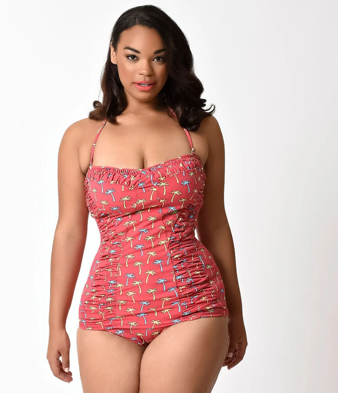 Bettie Page 1950s Style Red Tiki Palm Sheath One Piece Swimsuit sold by Unique Vintage product image thumbnail 4