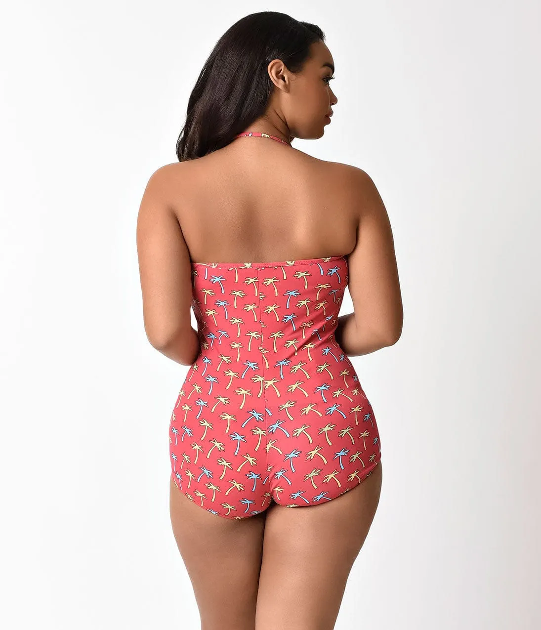 Bettie Page 1950s Style Red Tiki Palm Sheath One Piece Swimsuit sold by Unique Vintage product image thumbnail 2