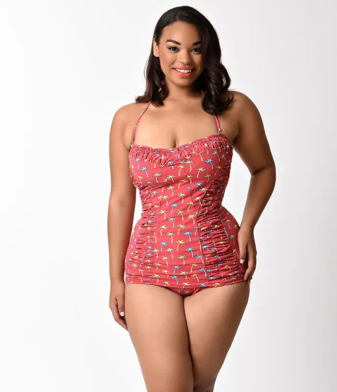 Bettie Page 1950s Style Red Tiki Palm Sheath One Piece Swimsuit sold by Unique Vintage