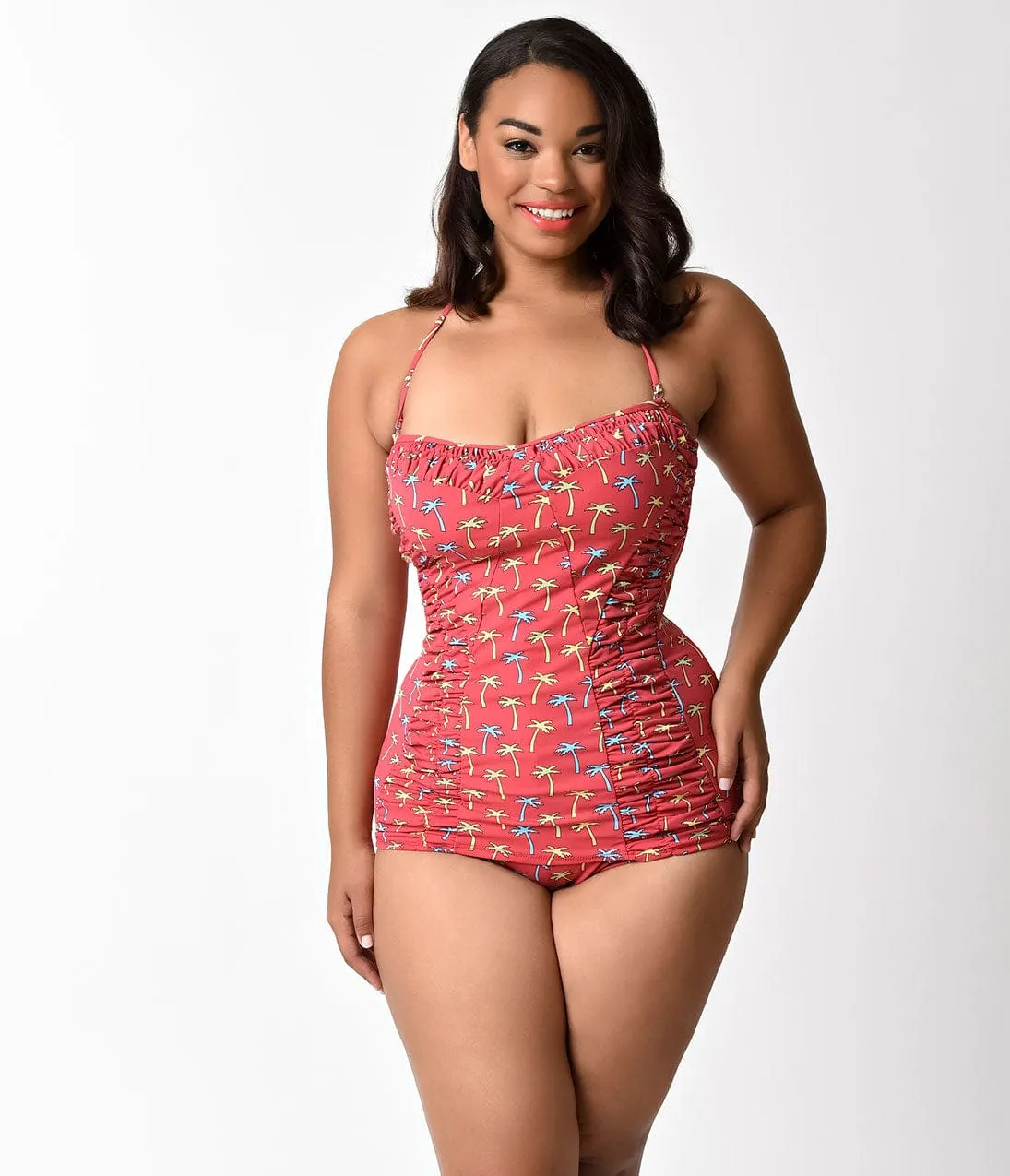 Bettie Page 1950s Style Red Tiki Palm Sheath One Piece Swimsuit sold by Unique Vintage