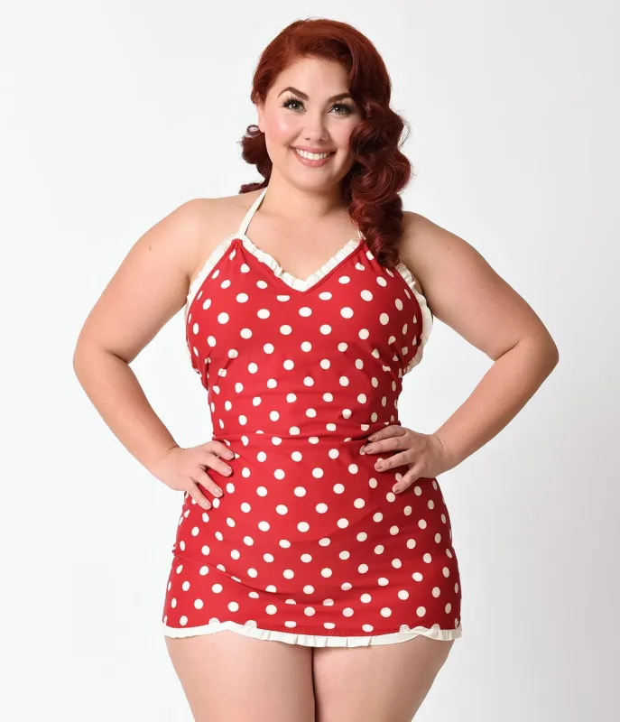 Bettie Page Plus Size 1950s Style Red & Ivory Dotted Halter Swimdress sold by Unique Vintage