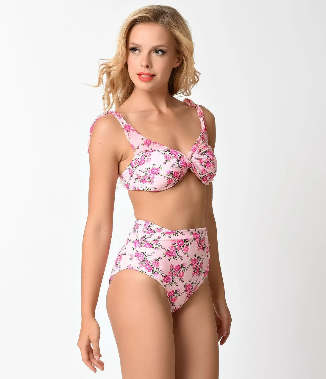 Betsey Johnson Light Pink Floral Lovers To Lovers High Waist Swim Bottom sold by Unique Vintage product image thumbnail 5