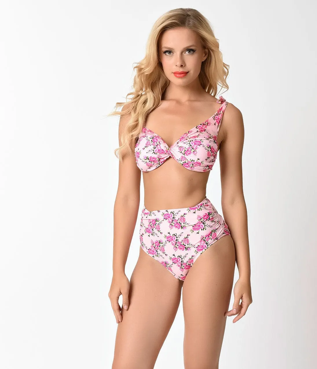 Betsey Johnson Light Pink Floral Lovers To Lovers High Waist Swim Bottom sold by Unique Vintage product image thumbnail 2