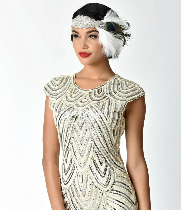 Unique Vintage 1920s Style Ivory Feather Crystals & Peacock Stretch Headband sold by Unique Vintage