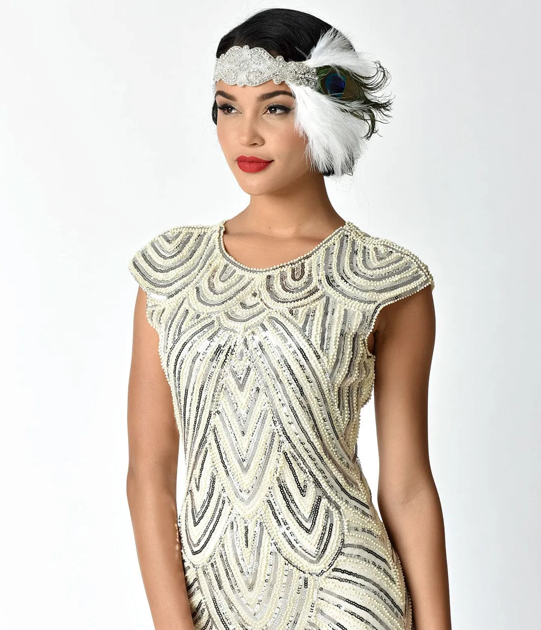 Unique Vintage 1920s Style Ivory Feather Crystals & Peacock Stretch Headband sold by Unique Vintage