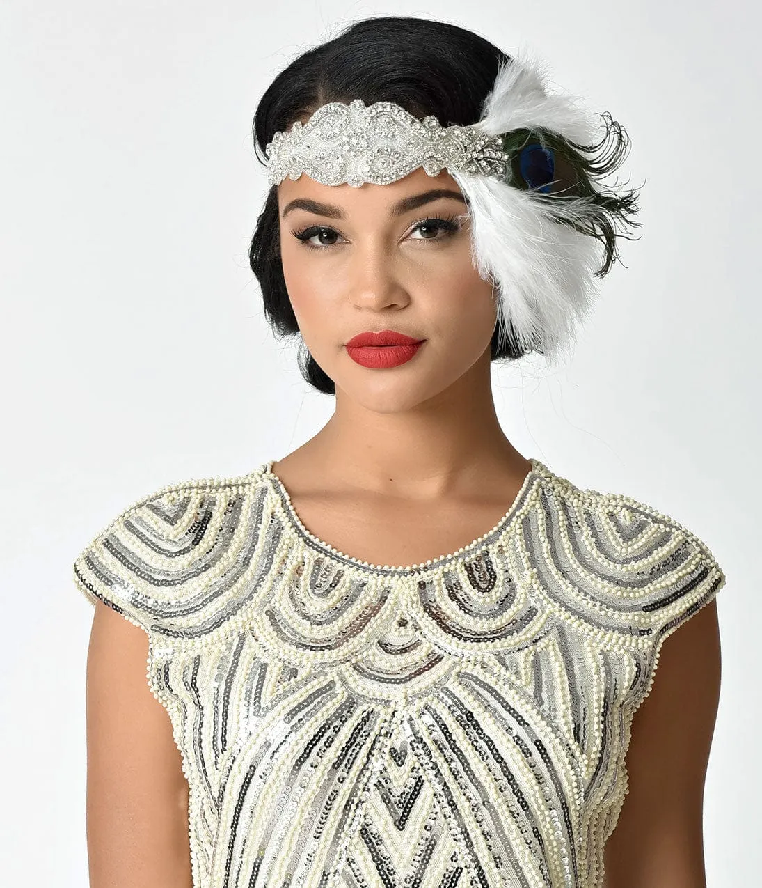 Unique Vintage 1920s Style Ivory Feather Crystals & Peacock Stretch Headband sold by Unique Vintage product image thumbnail 2