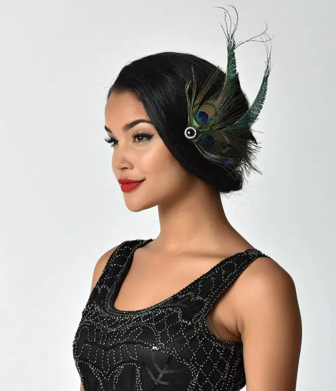 Unique Vintage Peacock Feather & Black Veil Hair Clip sold by Unique Vintage