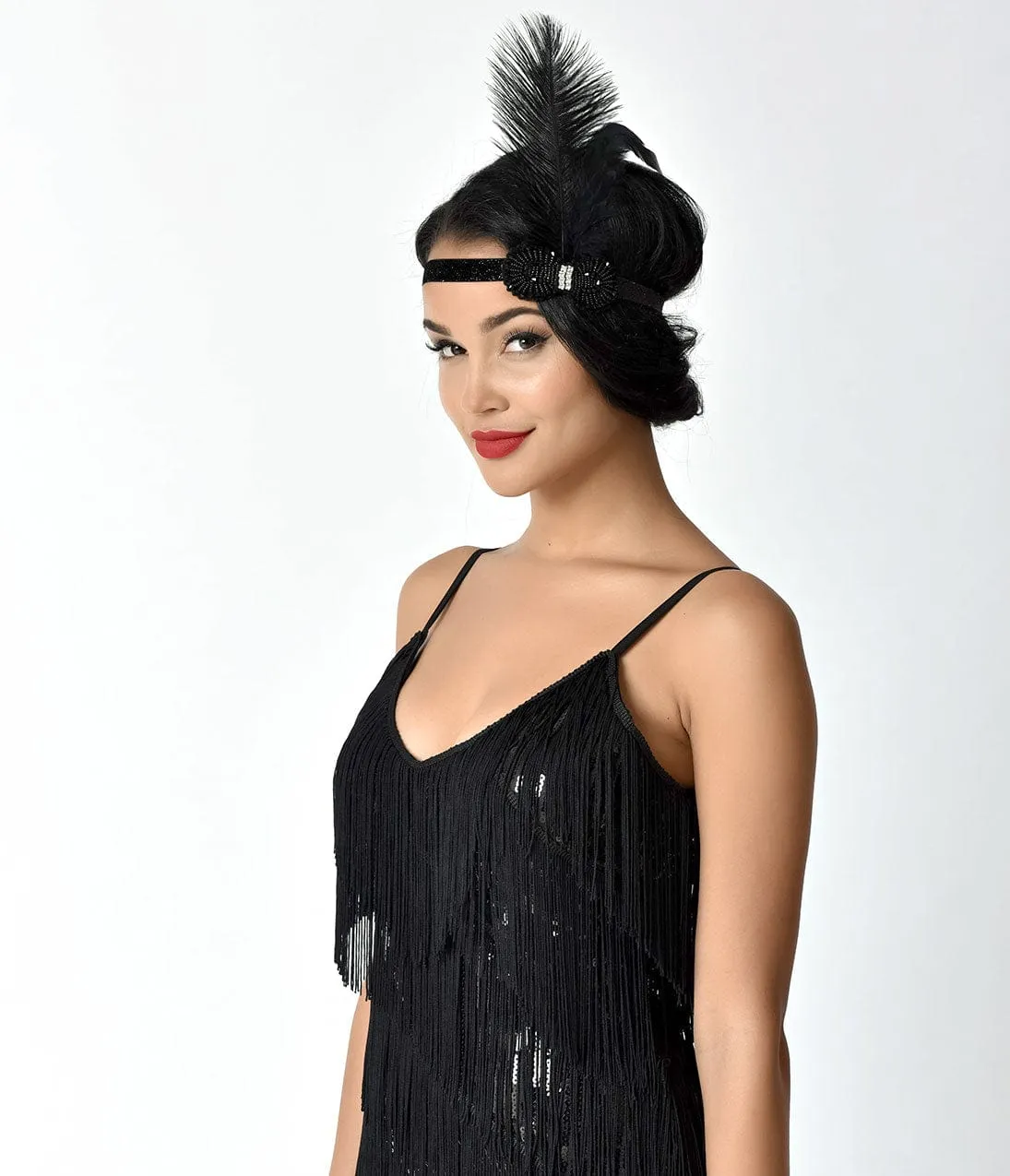 Unique Vintage 1920s Black Feather & Beaded Stretch Flapper Headband sold by Unique Vintage