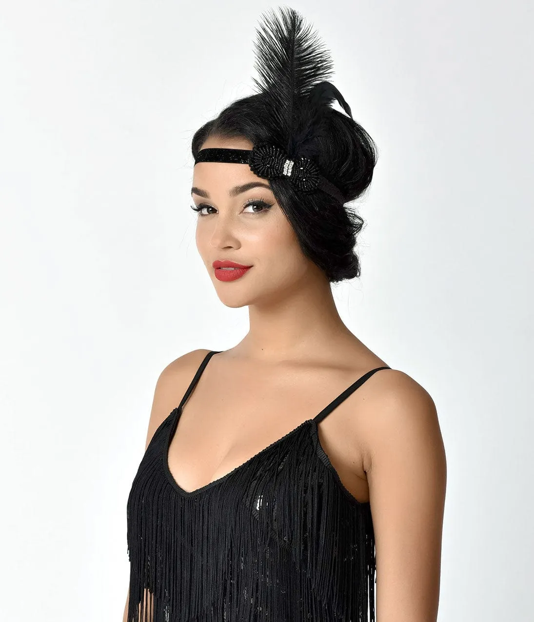 Unique Vintage 1920s Black Feather & Beaded Stretch Flapper Headband sold by Unique Vintage product image thumbnail 2