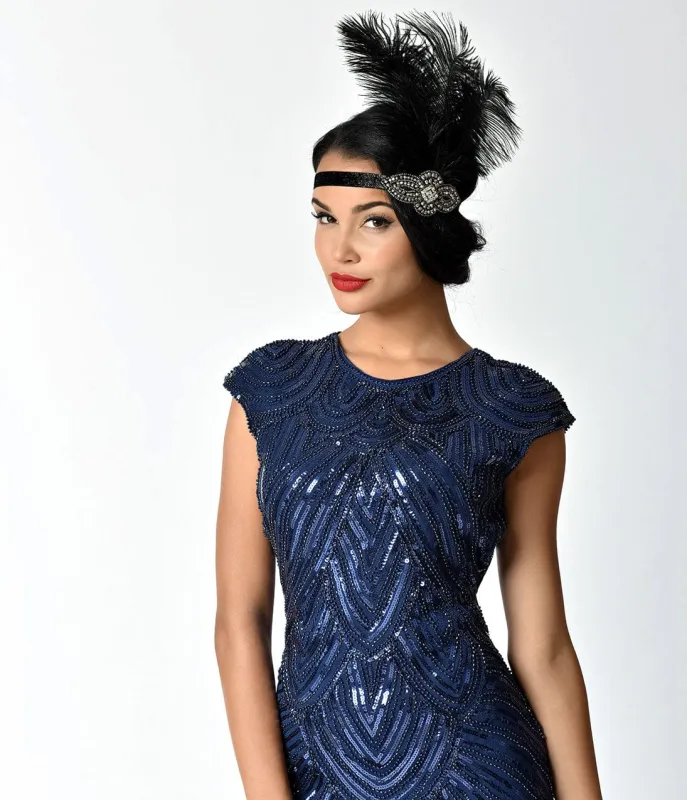 Unique Vintage 1920s Black Feather & Charcoal Crystal Stretch Headband sold by Unique Vintage