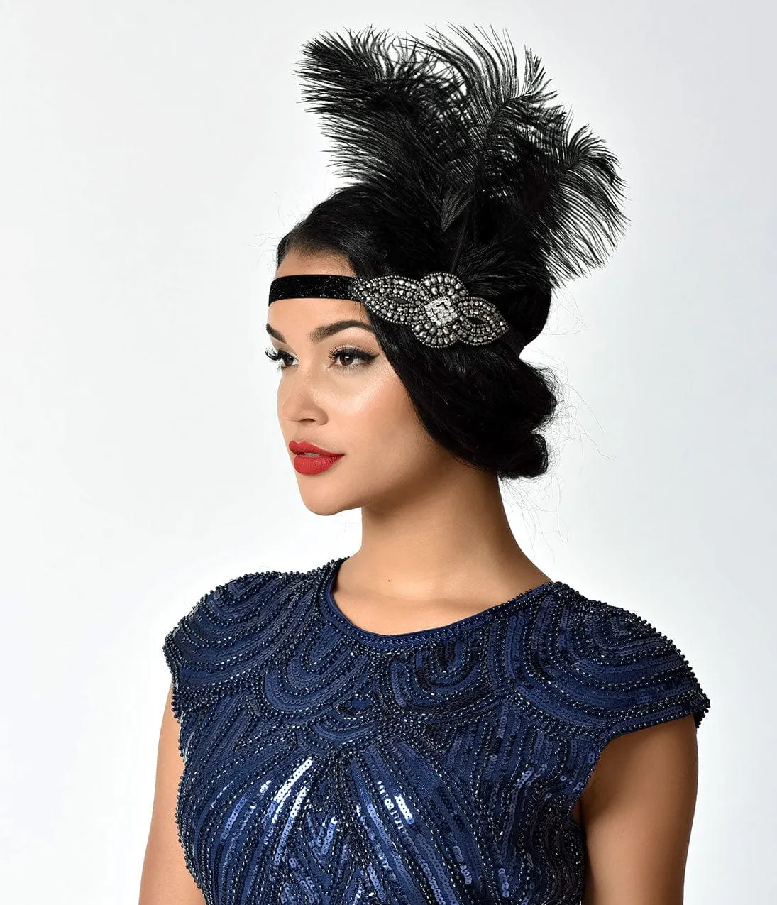 Unique Vintage 1920s Black Feather & Charcoal Crystal Stretch Headband sold by Unique Vintage product image thumbnail 2