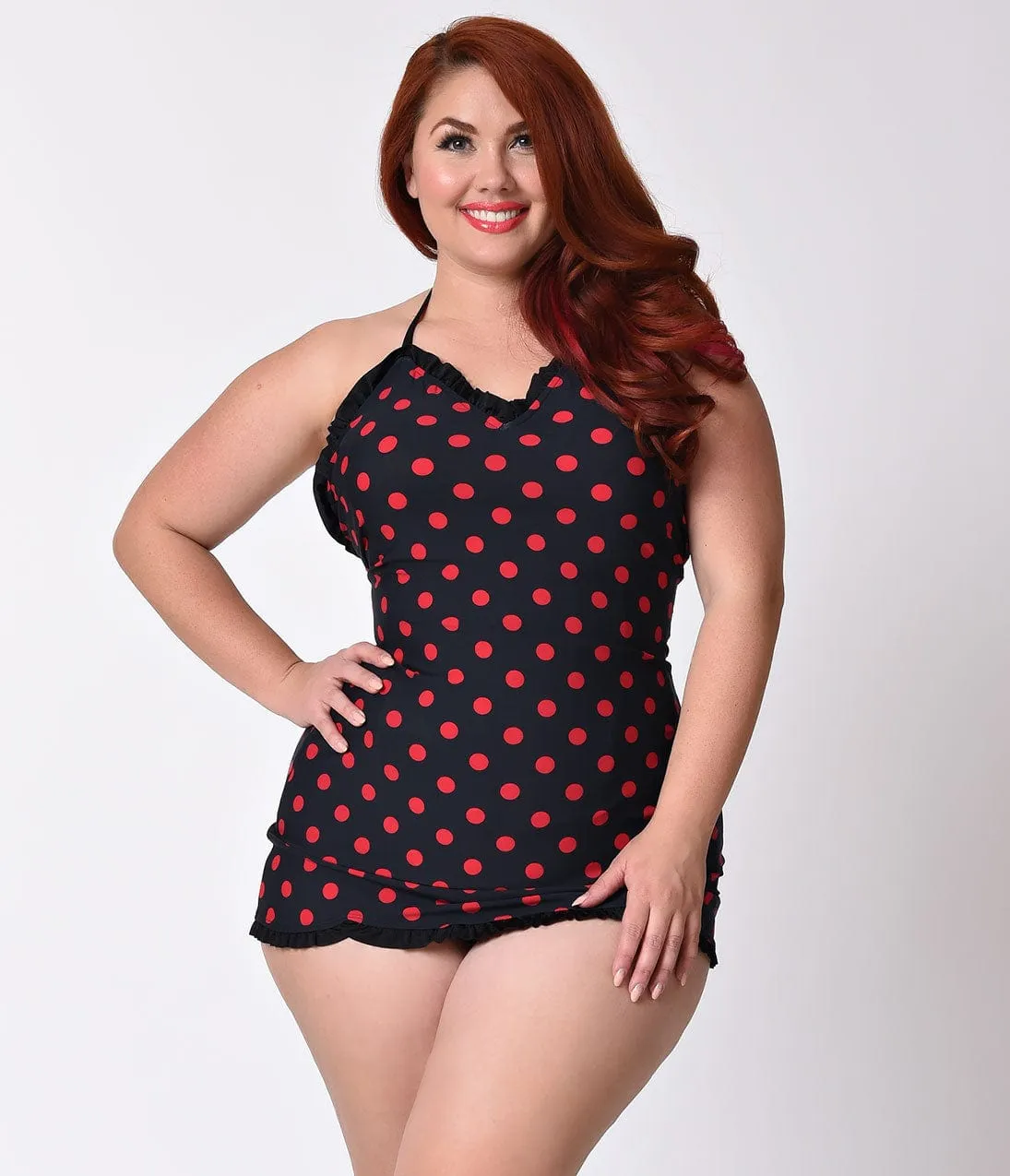Bettie Page Plus Size 1950s Style Black & Red Dotted Halter Swimdress sold by Unique Vintage product image thumbnail 4