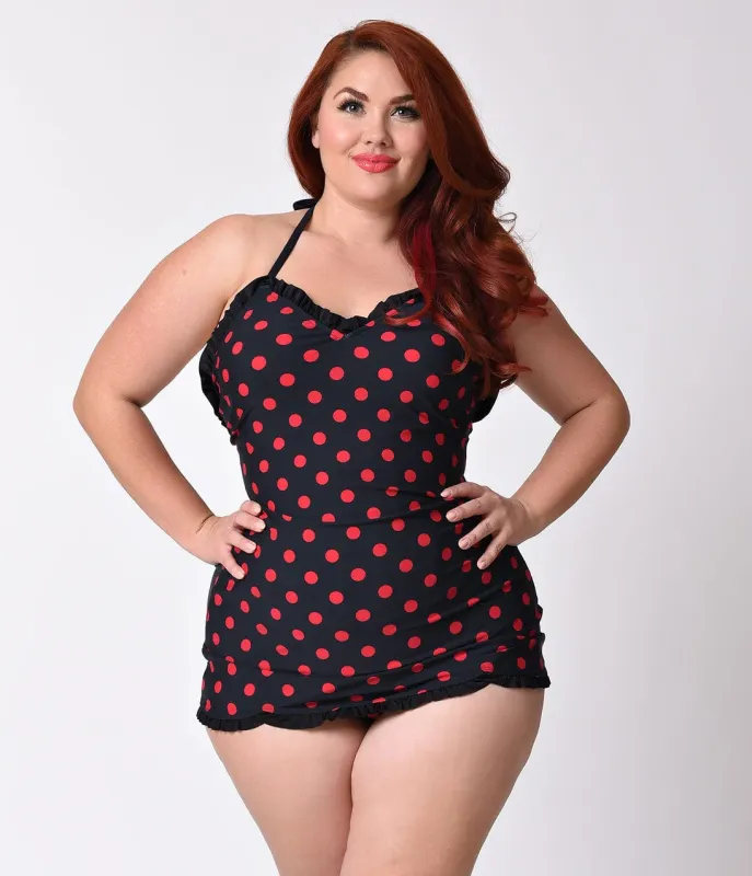 Bettie Page Plus Size 1950s Style Black & Red Dotted Halter Swimdress made by Bettie Page