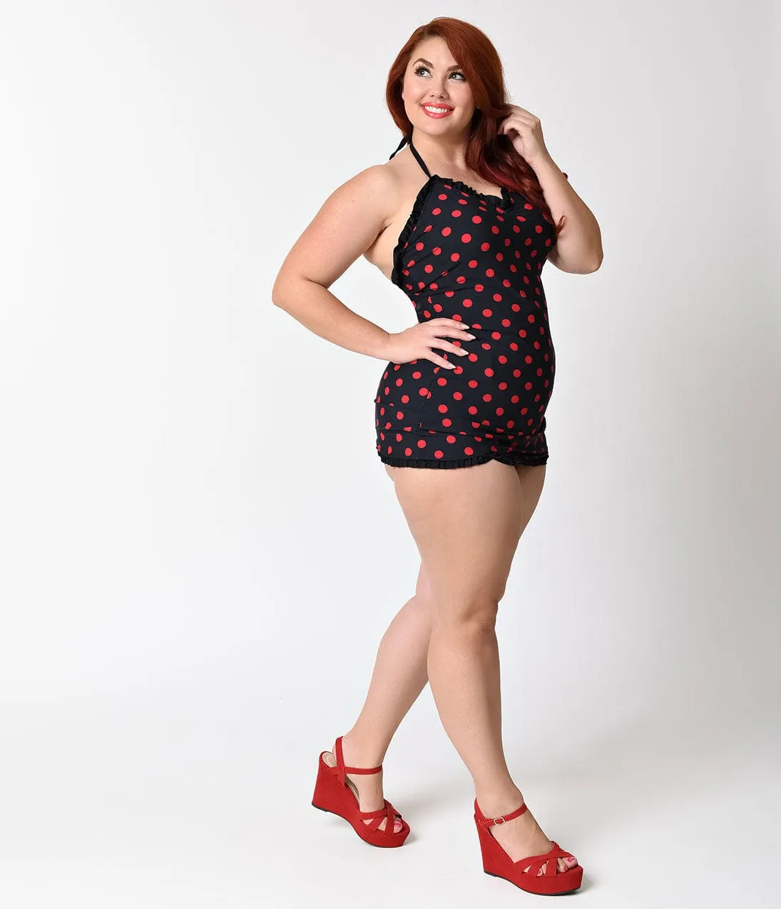 Bettie Page Plus Size 1950s Style Black & Red Dotted Halter Swimdress sold by Unique Vintage product image thumbnail 5