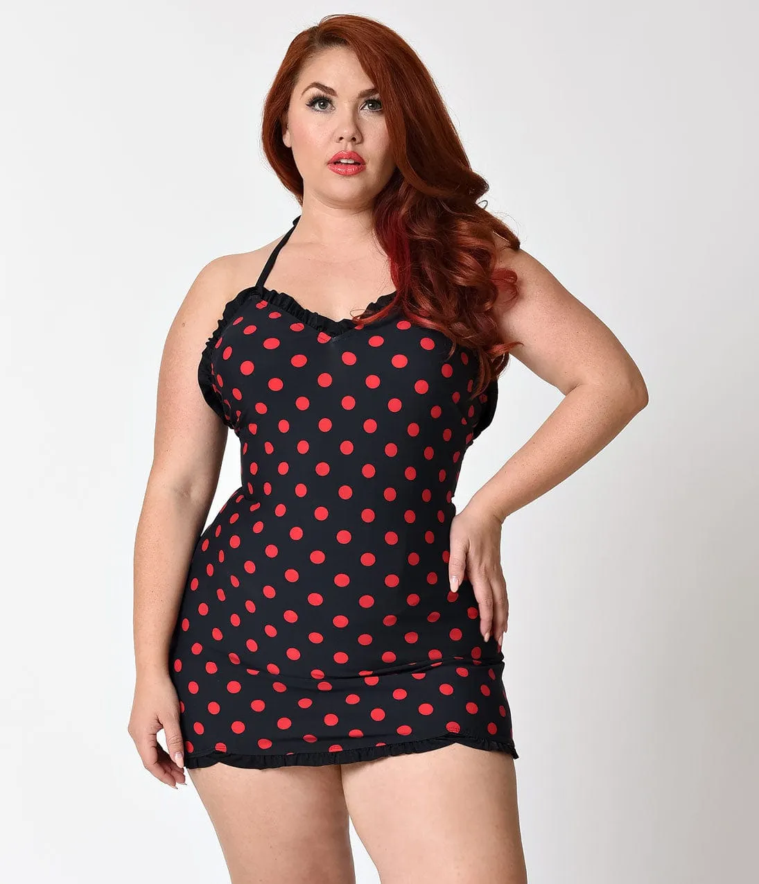 Bettie Page Plus Size 1950s Style Black & Red Dotted Halter Swimdress sold by Unique Vintage product image thumbnail 3