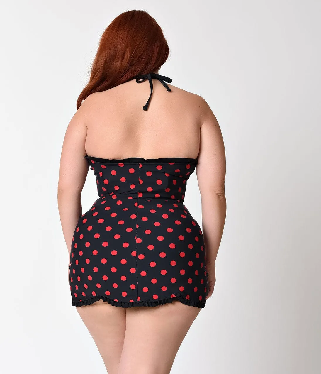 Bettie Page Plus Size 1950s Style Black & Red Dotted Halter Swimdress sold by Unique Vintage product image thumbnail 2