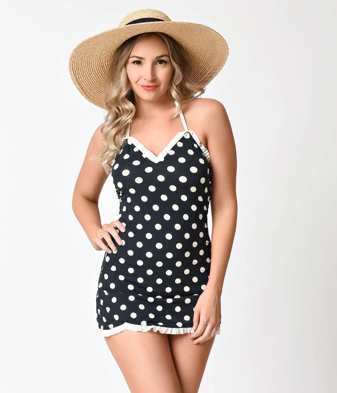 Bettie Page 1950s Style Black & Ivory Dotted Halter Swimdress sold by Unique Vintage product image thumbnail 5