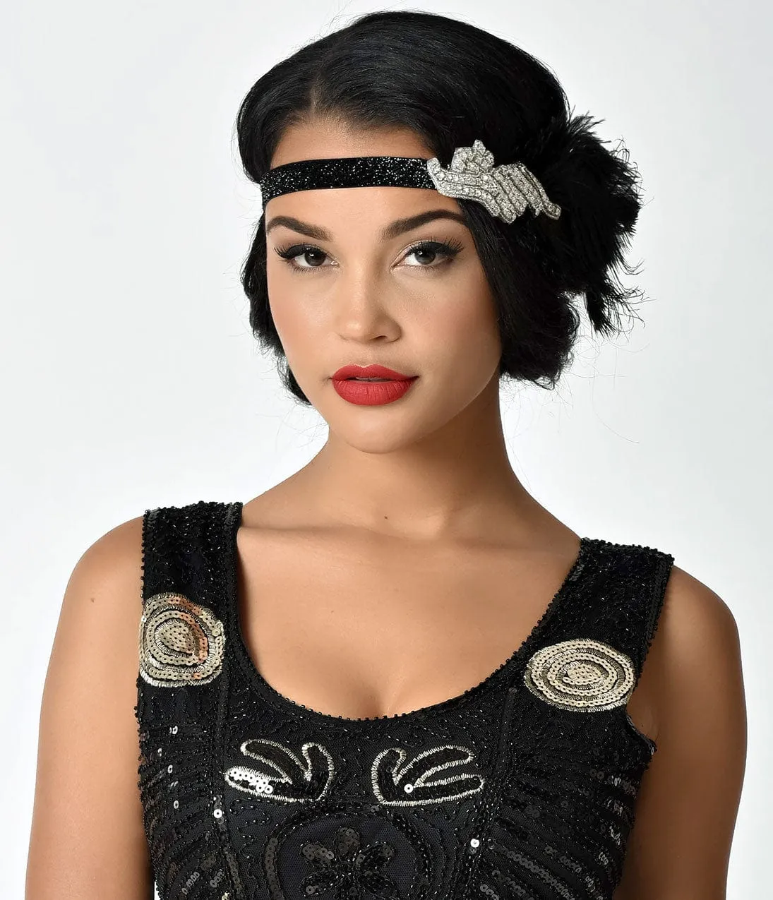 Unique Vintage 1920s Black Peacock Feather & Silver Crystal Headband sold by Unique Vintage product image thumbnail 2