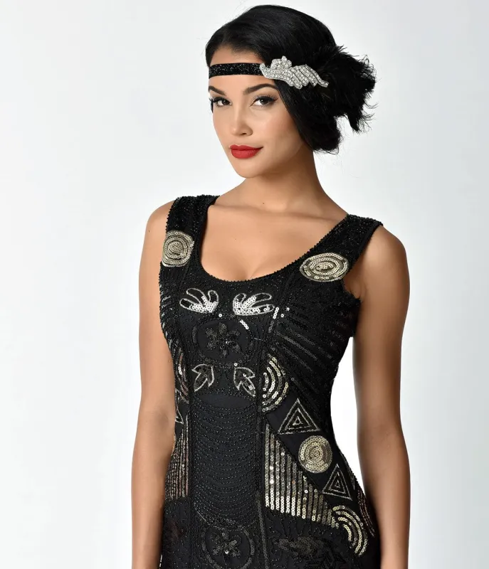 Unique Vintage 1920s Black Peacock Feather & Silver Crystal Headband sold by Unique Vintage