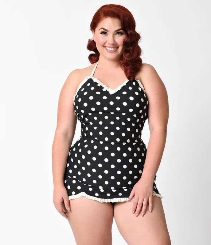 Bettie Page Plus Size 1950s Style Black & Ivory Dotted Halter Swimdress made by Bettie Page