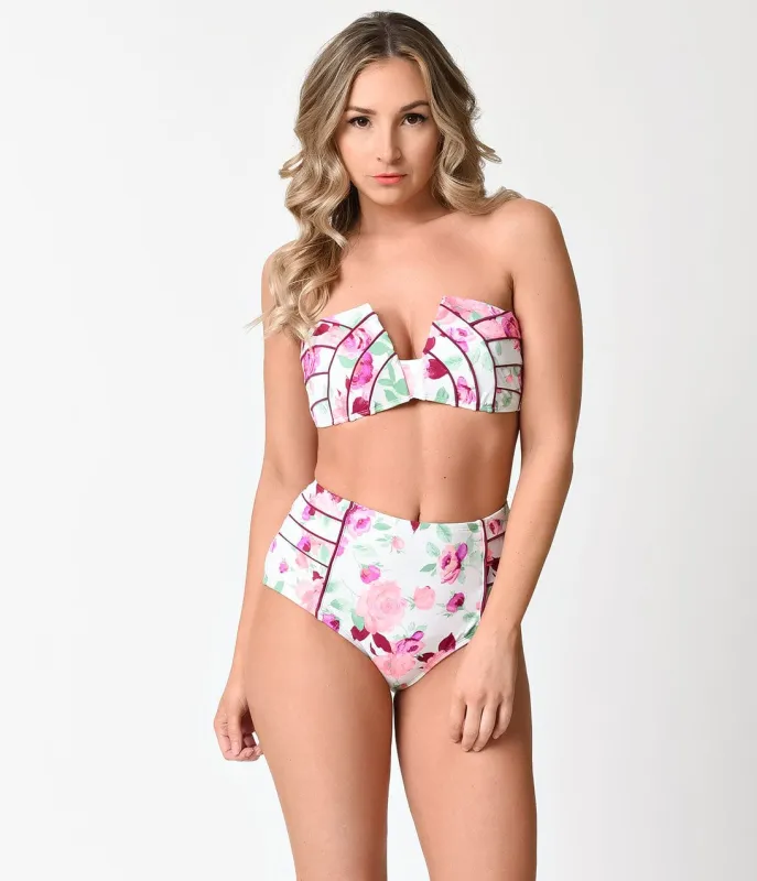 Betsey Johnson White & Prisoner Of Love Print Molded Swim Top sold by Unique Vintage