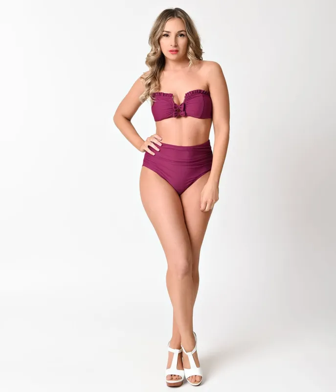 Betsey Johnson Retro Style Plum Purple Malibu High Waist Swim Bottom sold by Unique Vintage